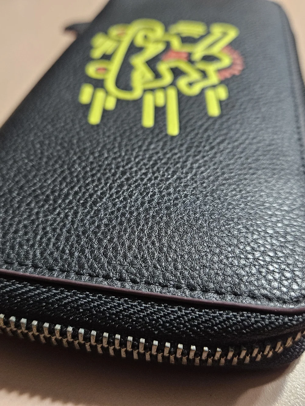 Authentic Coach X Keith Haring Black Pebbled Leather Zip-Around Long Wallet